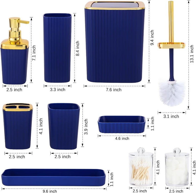 Viowil Navy Blue Bathroom Set, 23 PCS Bathroom Accessories Set with Shower Curtains, Trash Can, Toothbrush Holder, Soap Dispensers, Toothbrush Cup, Vanity Tray, Soap Dish, Toilet Brush, Qtip Holders - Image 2